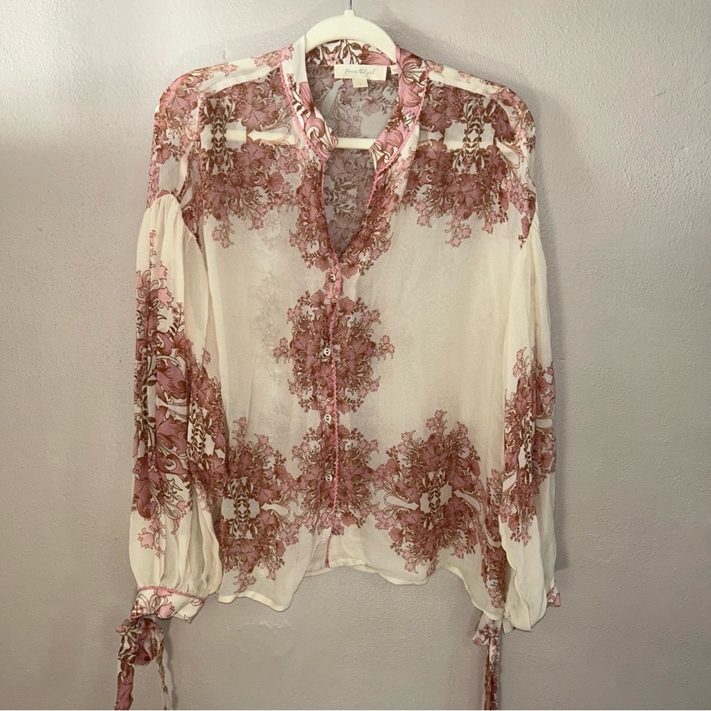 Chic Floral sheer balloon tie sleeves Soft Pink blouse - Picture 2 of 4